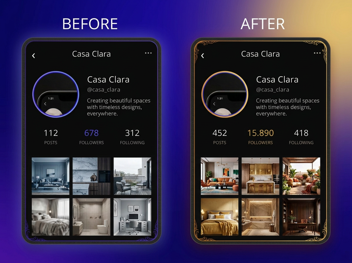 Before and after: interior studio from 678 to 15,890 followers